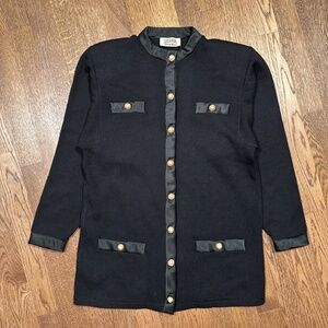 St John Knit Black Gold Pearl Button Satin Wool Blend Cardigan Sweater Womens 12